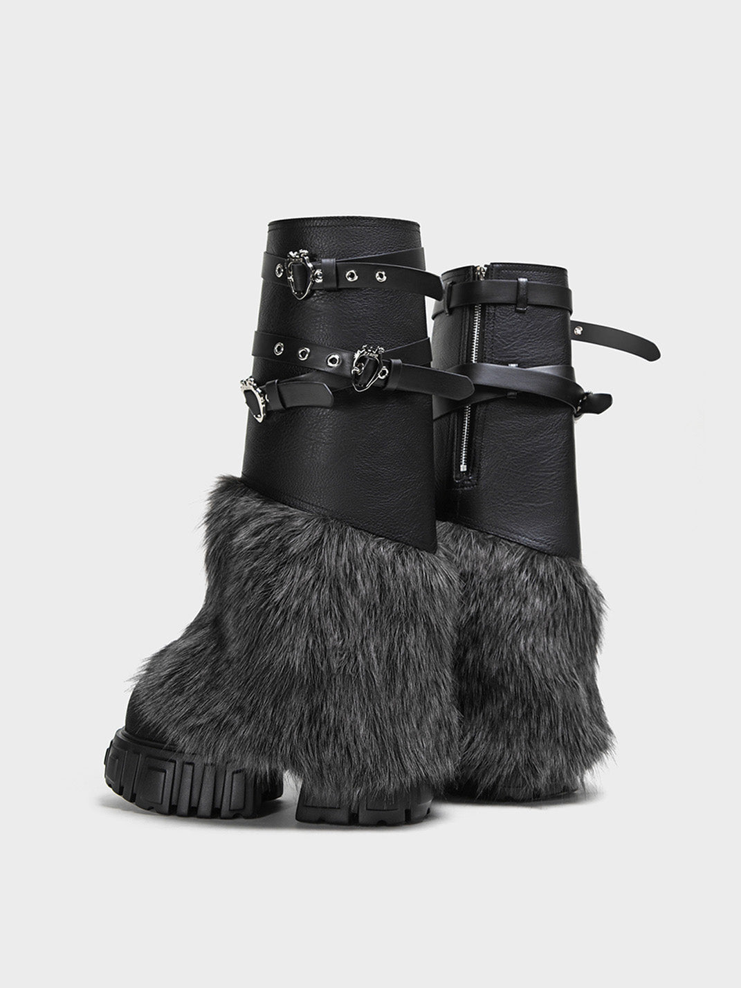 Buckle-Strap Faux-Fur Platform Calf Boots - Skipkicks