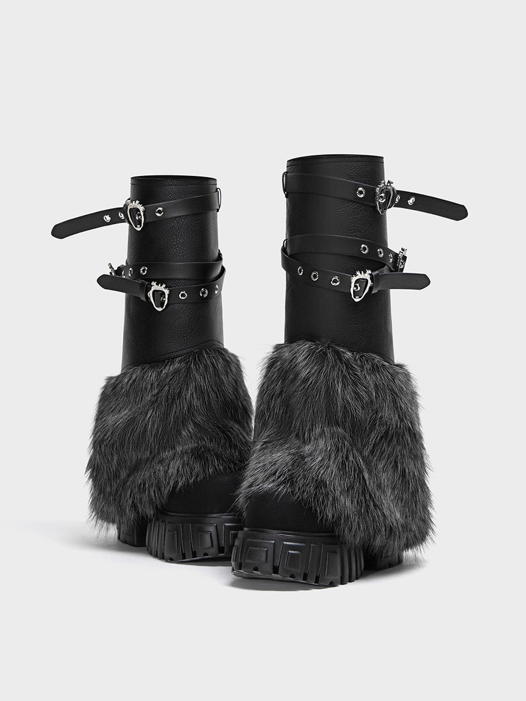 Buckle-Strap Faux-Fur Platform Calf Boots - Skipkicks