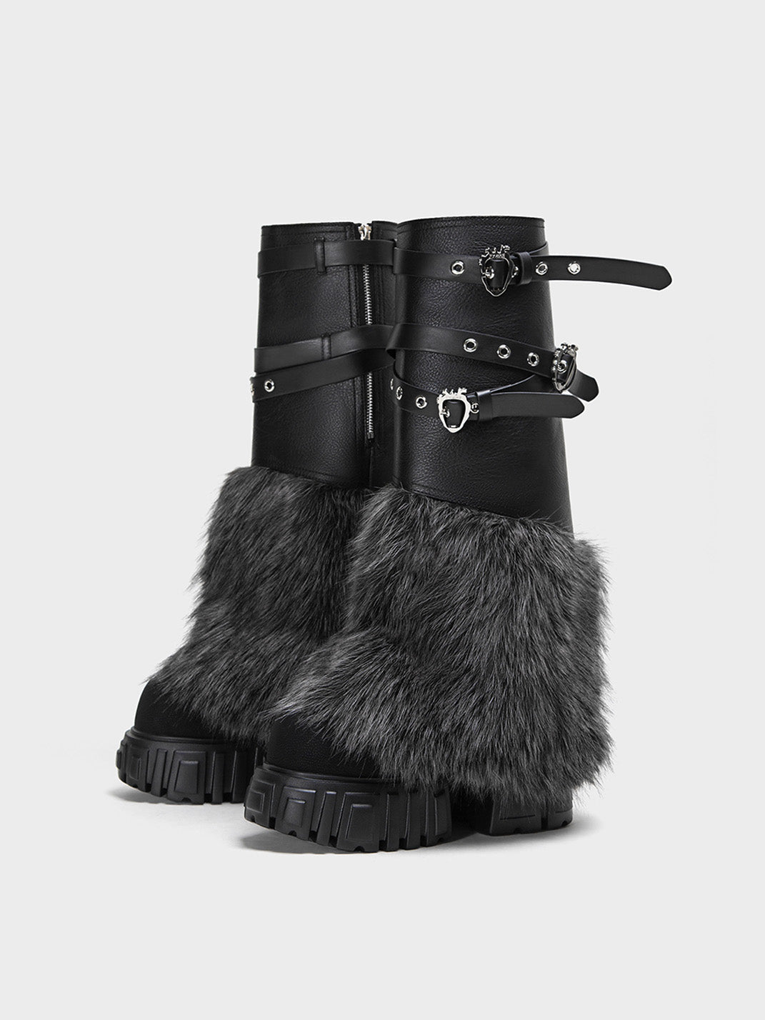 Buckle-Strap Faux-Fur Platform Calf Boots - Skipkicks