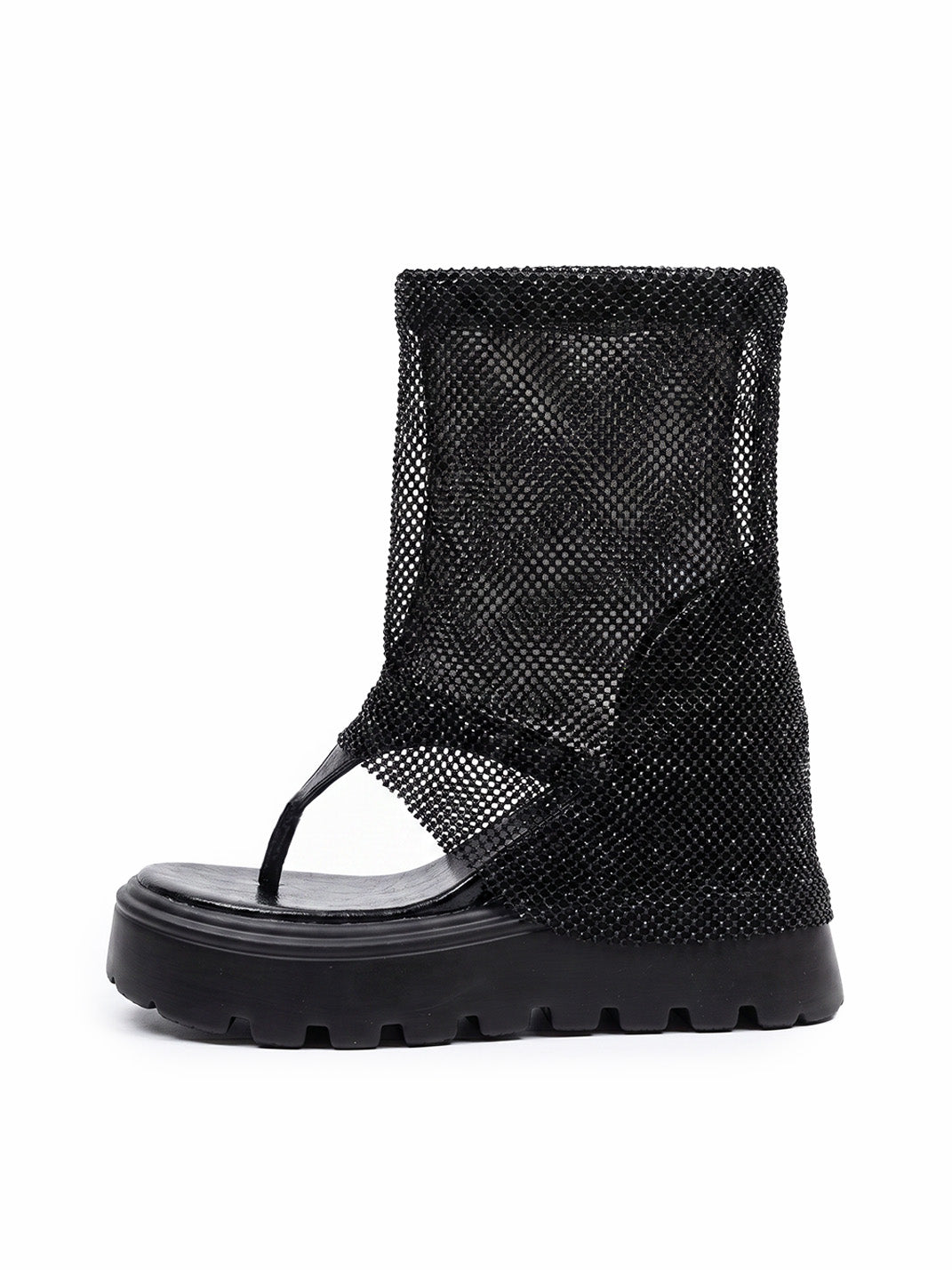 Rhinestone Mesh Platform Knee-High Sandal Boots - Skipkicks