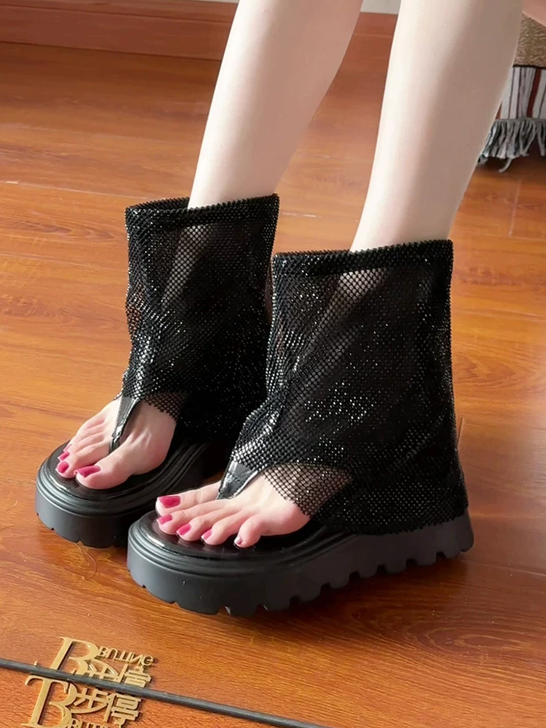 Rhinestone Mesh Platform Knee-High Sandal Boots - Skipkicks