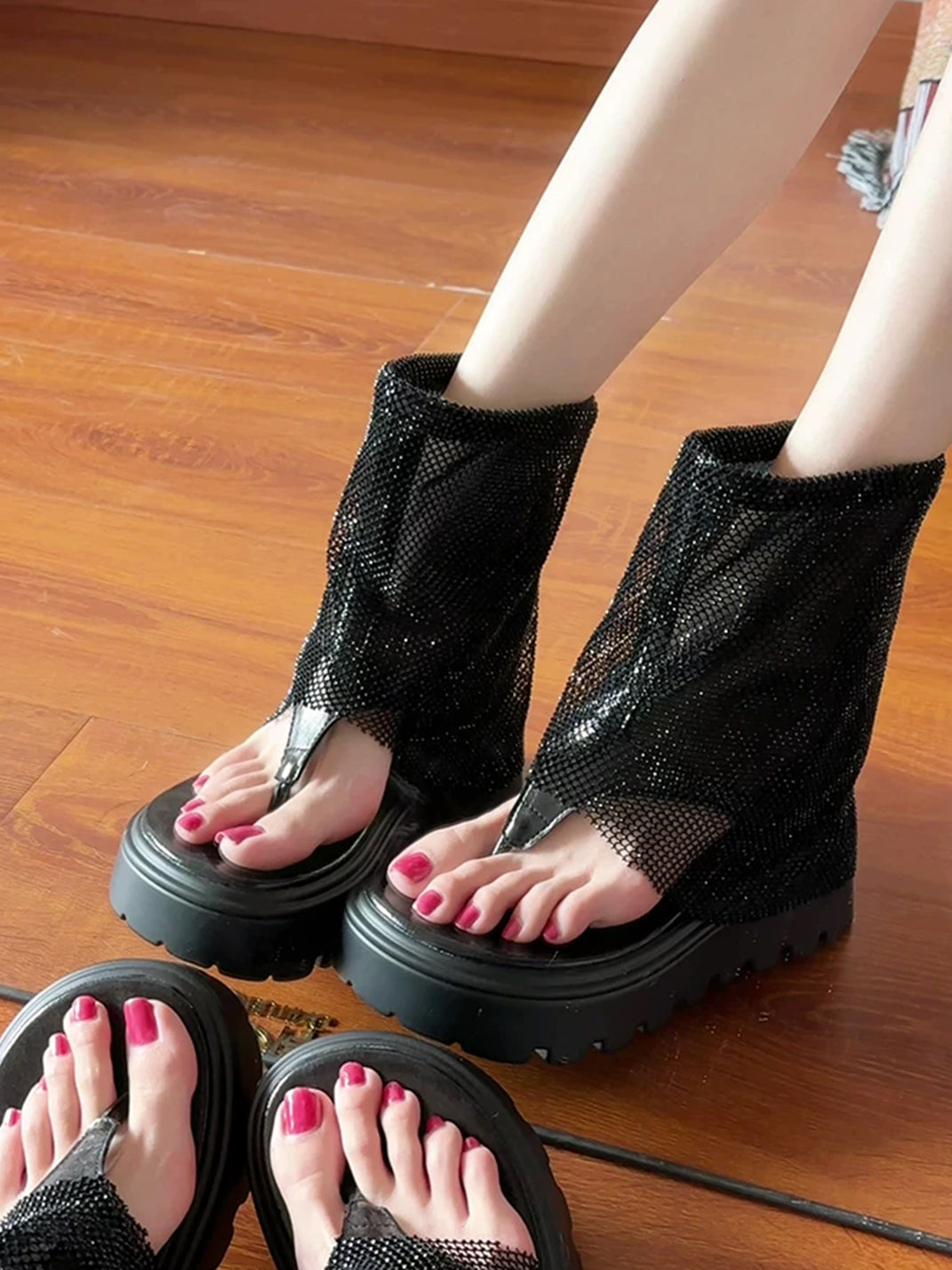 Rhinestone Mesh Platform Knee-High Sandal Boots - Skipkicks
