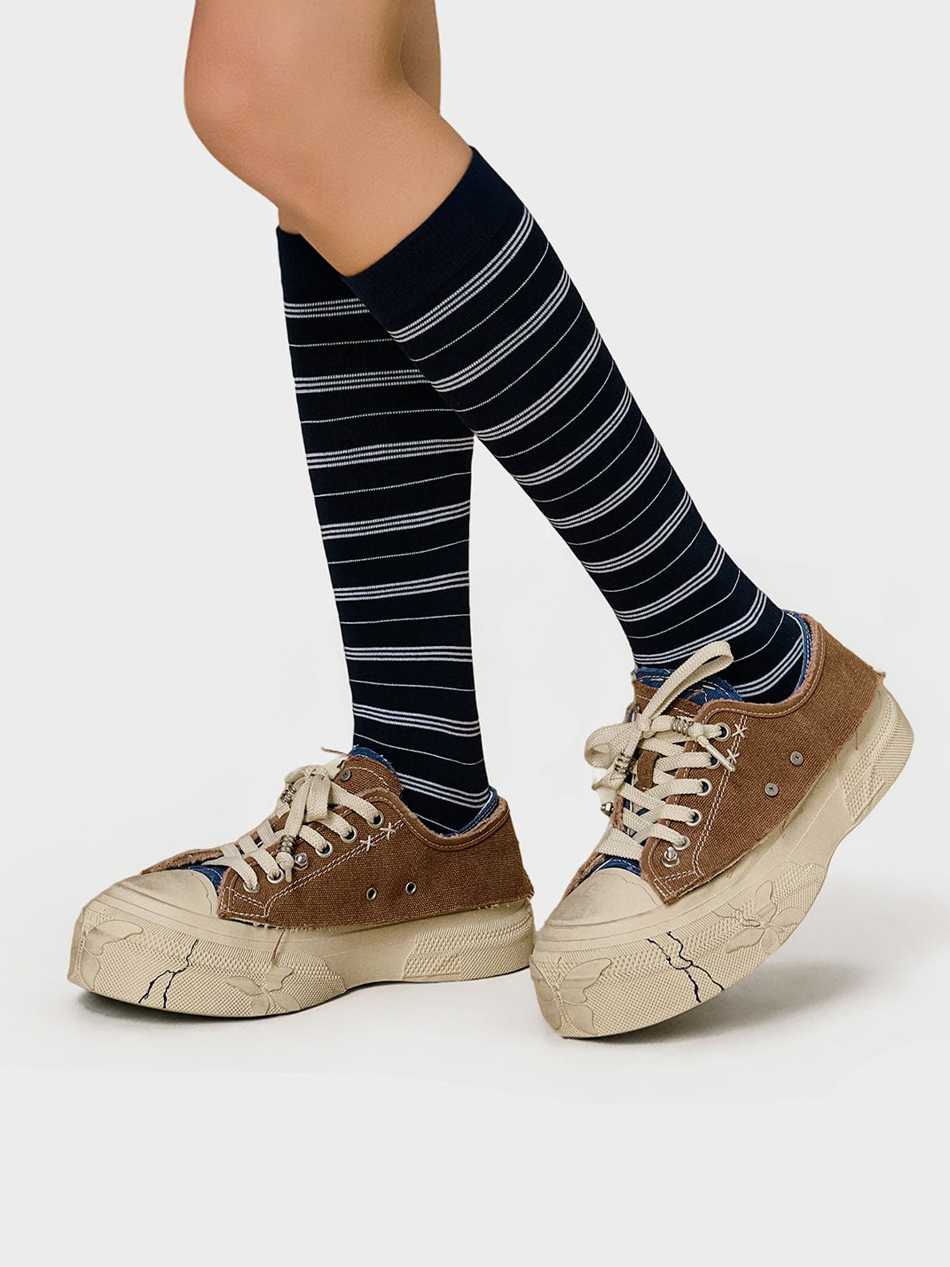 Blue Brown Colorblock Distressed Platform Sneakers - Skipkicks