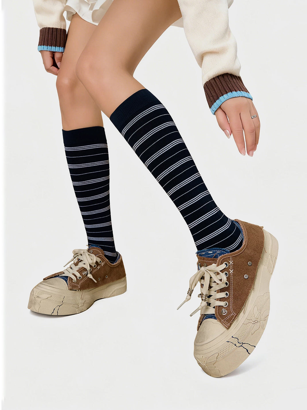 Blue Brown Colorblock Distressed Platform Sneakers - Skipkicks