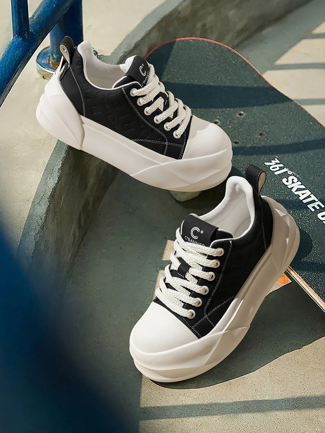 Black Geometric-Sole Platform Sneakers - Skipkicks