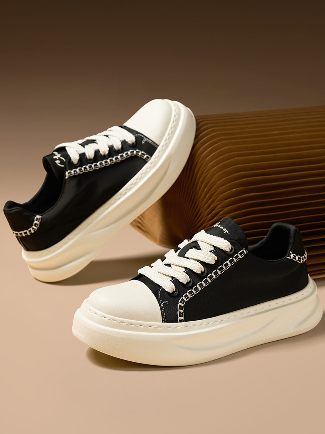 Black Chain-Trim Contrast-Stitch Platform Sneakers - Skipkicks