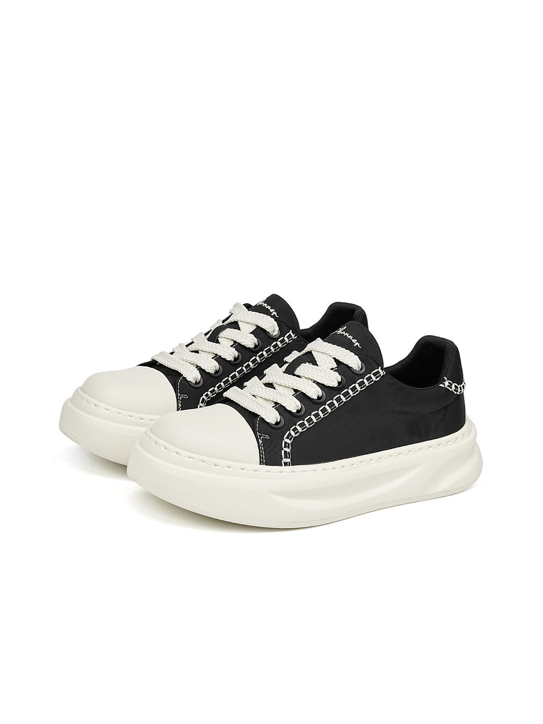 Black Chain-Trim Contrast-Stitch Platform Sneakers - Skipkicks