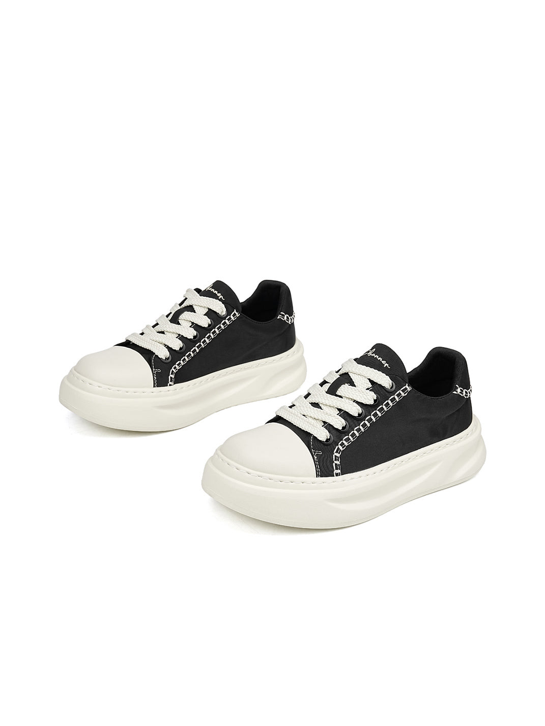 Black Chain-Trim Contrast-Stitch Platform Sneakers - Skipkicks
