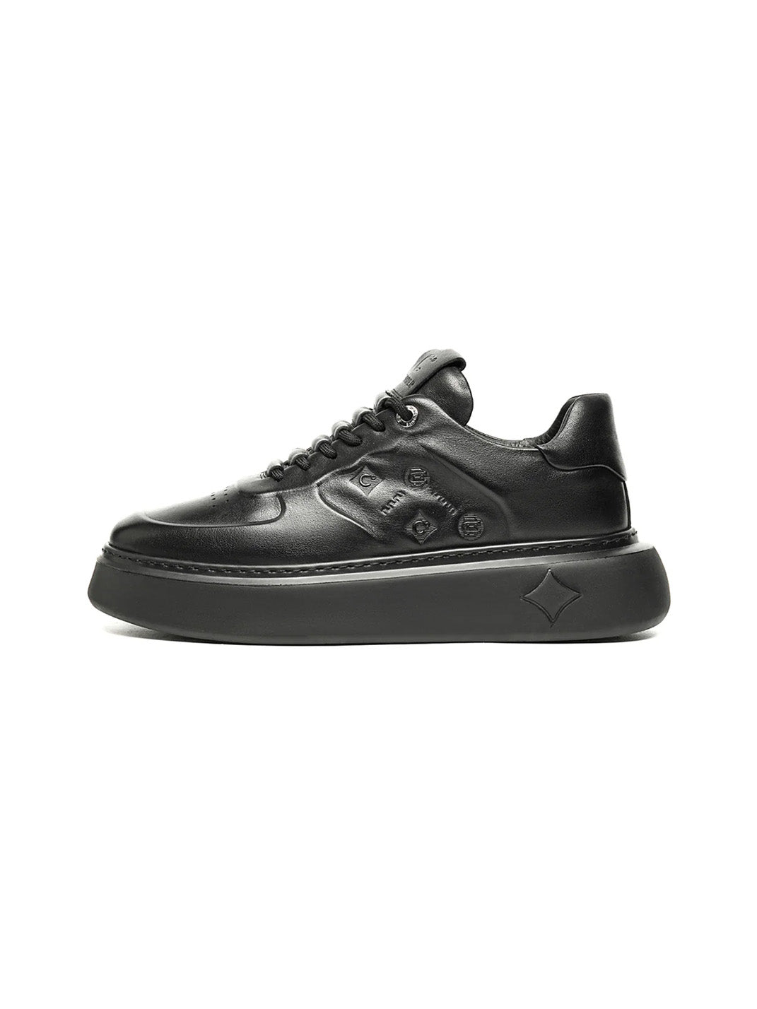 Black Embossed Leather Platform Low-Top Sneakers - Skipkicks