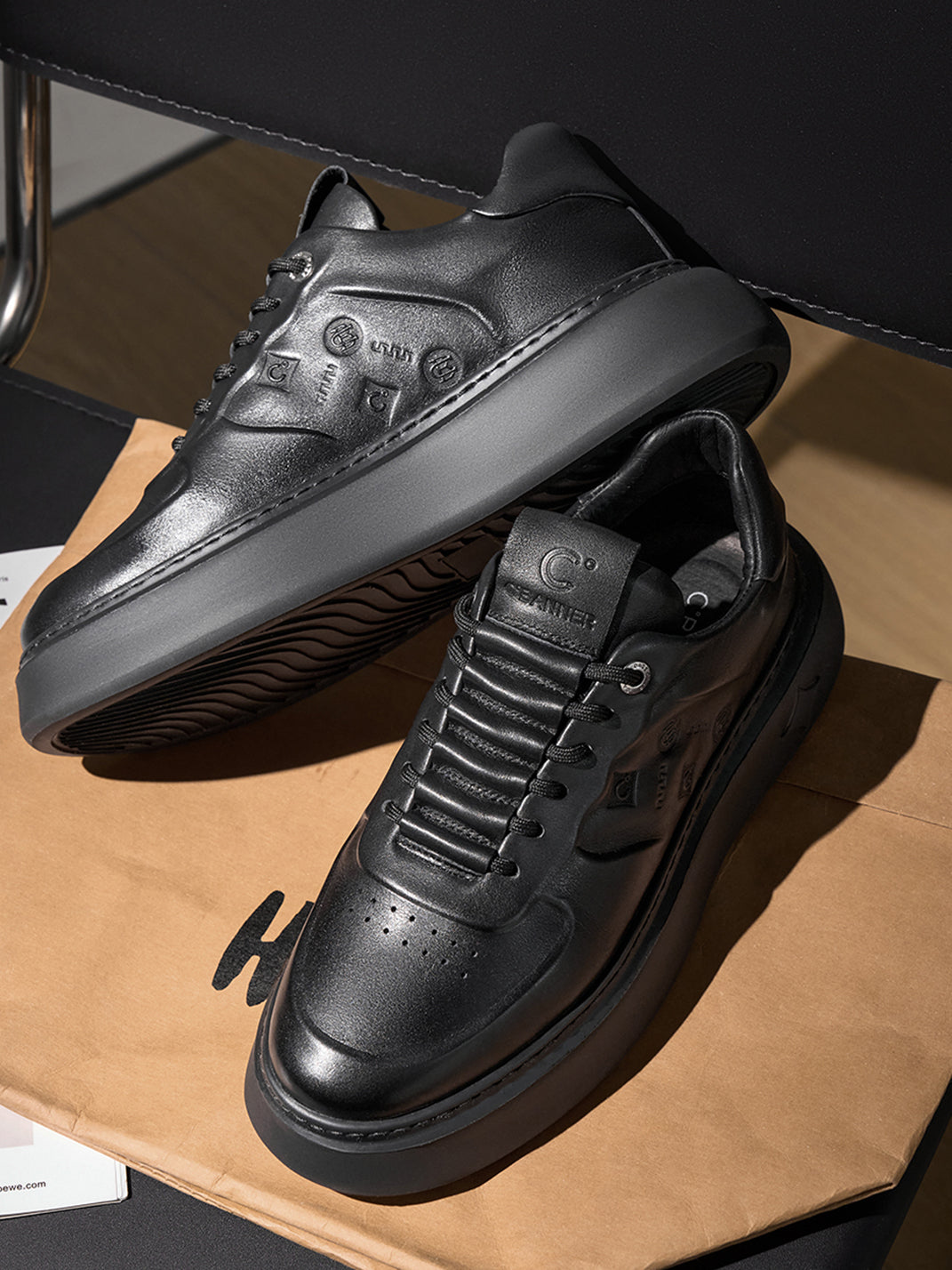 Black Embossed Leather Platform Low-Top Sneakers - Skipkicks