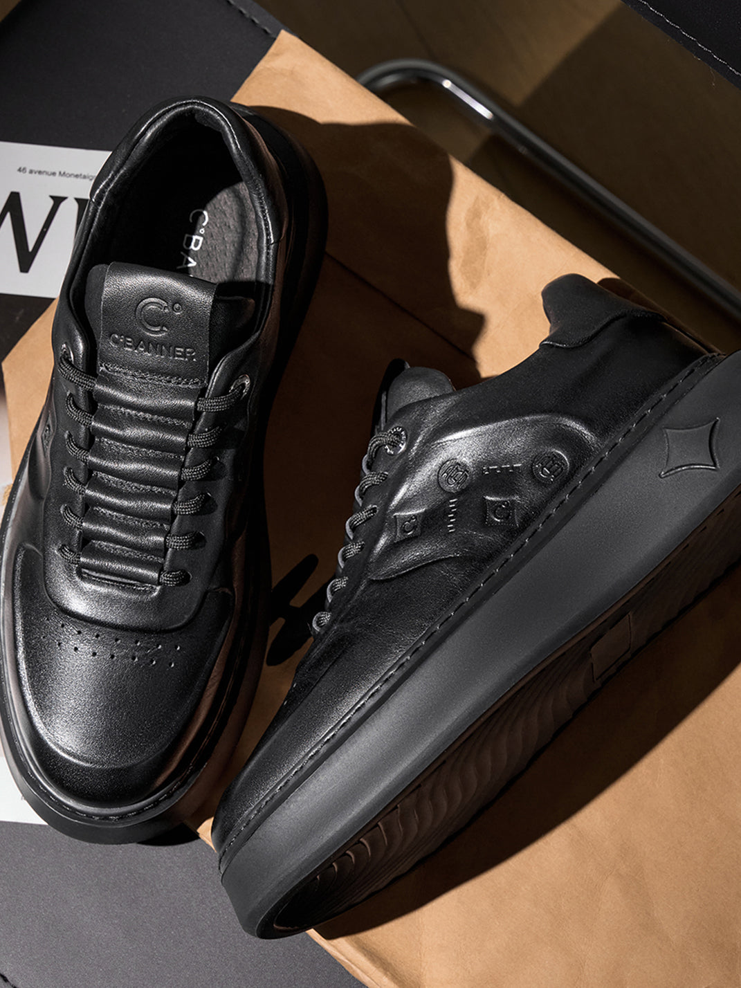 Black Embossed Leather Platform Low-Top Sneakers - Skipkicks