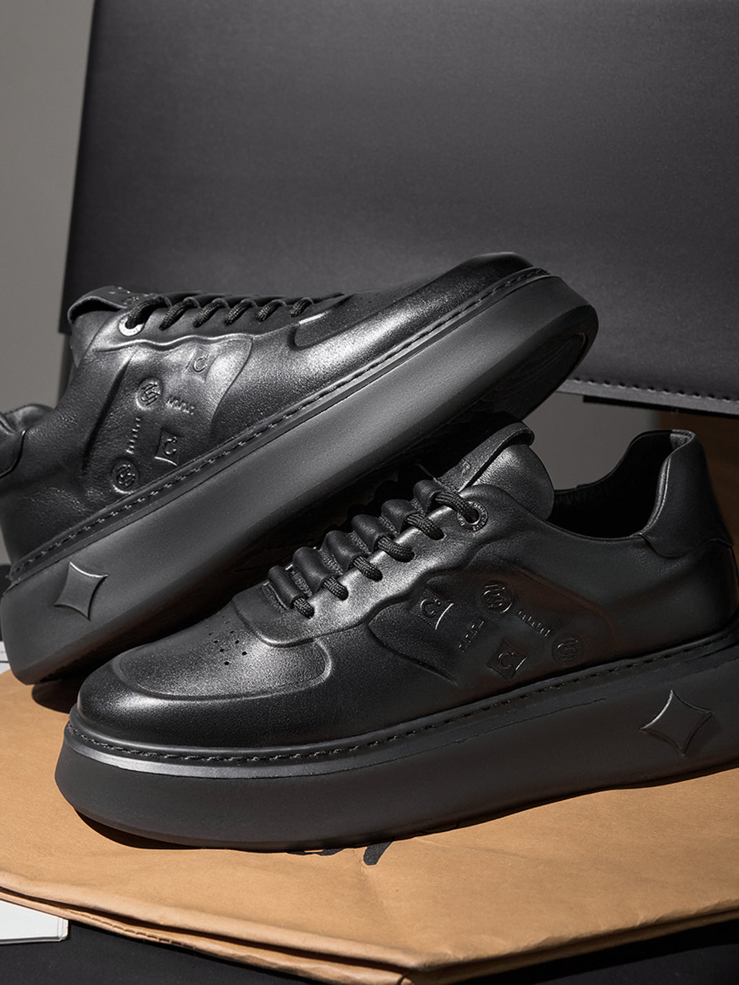 Black Embossed Leather Platform Low-Top Sneakers - Skipkicks