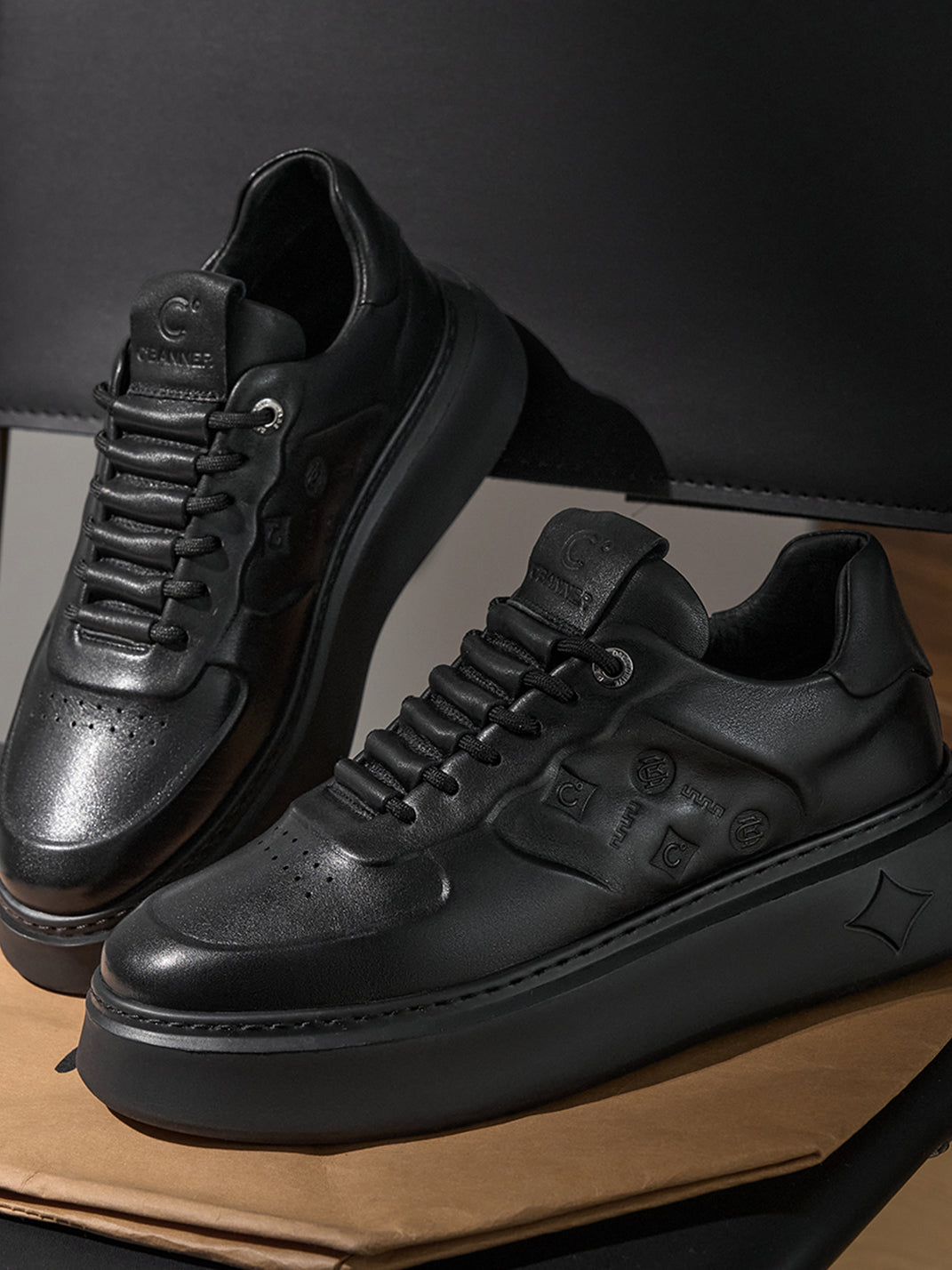 Black Embossed Leather Platform Low-Top Sneakers - Skipkicks