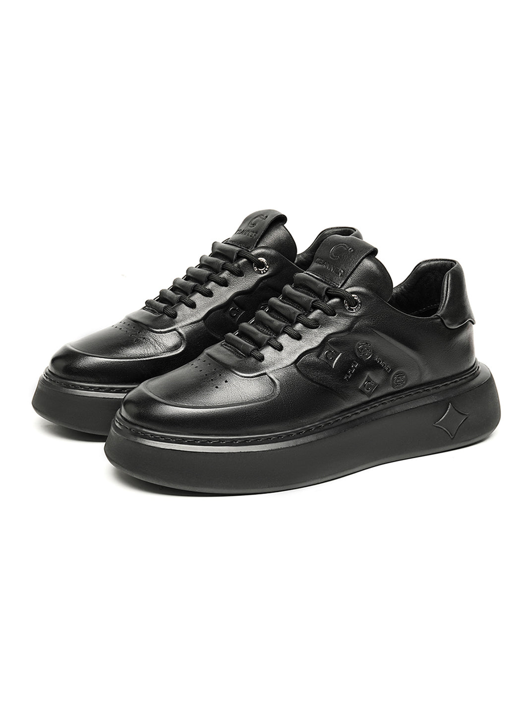 Black Embossed Leather Platform Low-Top Sneakers - Skipkicks