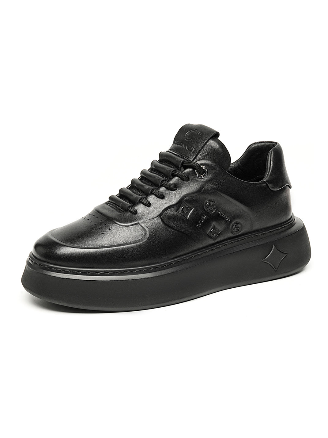 Black Embossed Leather Platform Low-Top Sneakers - Skipkicks