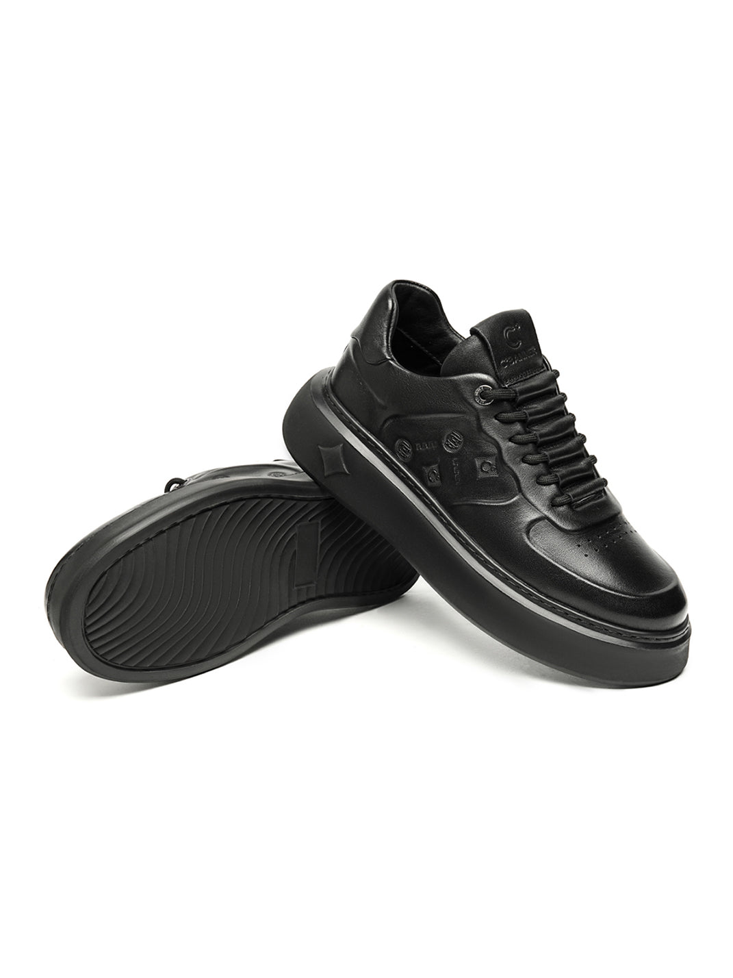 Black Embossed Leather Platform Low-Top Sneakers - Skipkicks