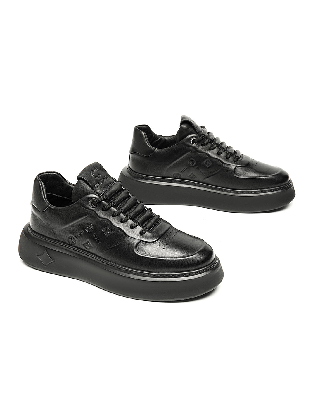 Black Embossed Leather Platform Low-Top Sneakers - Skipkicks