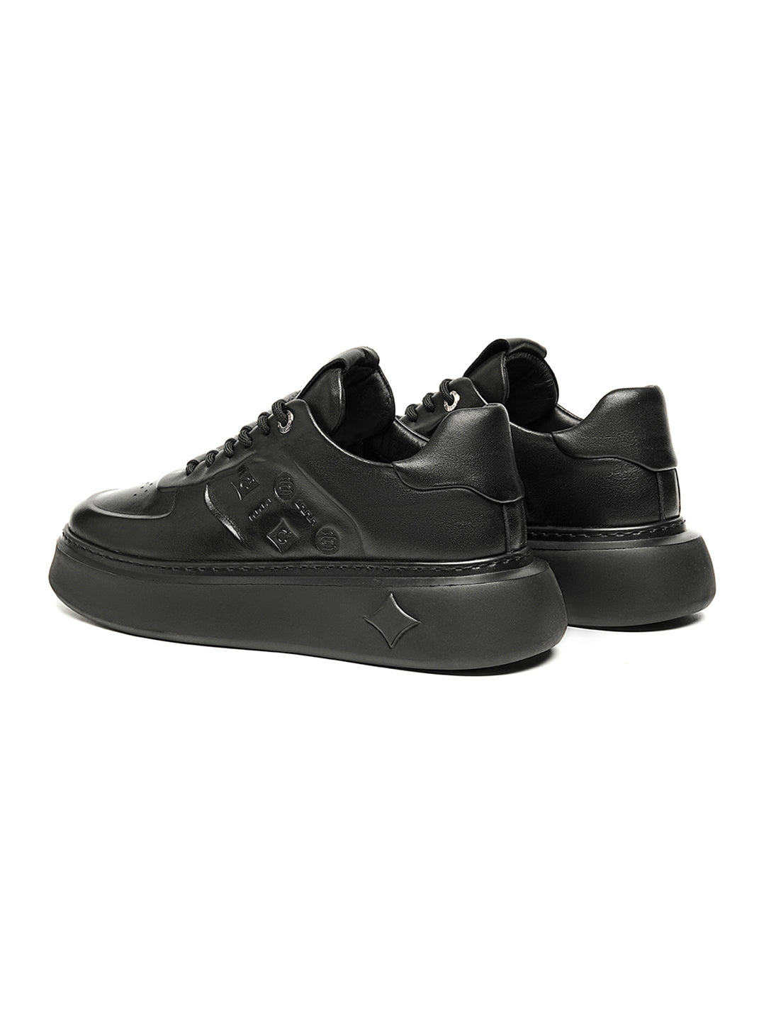 Black Embossed Leather Platform Low-Top Sneakers - Skipkicks