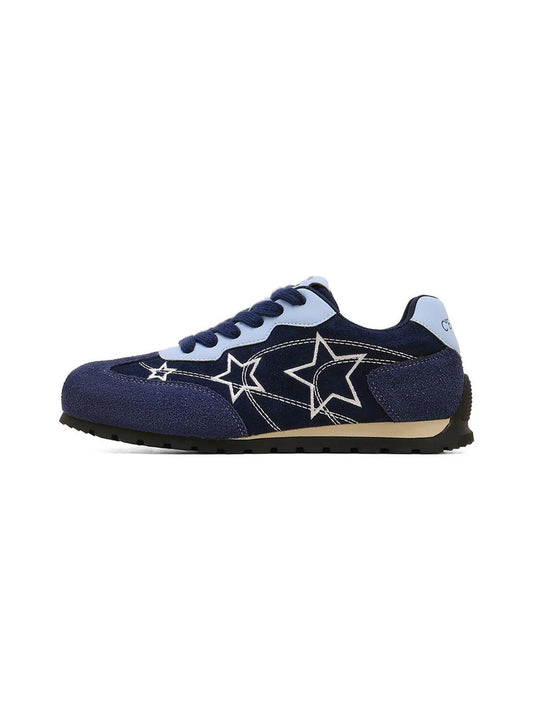 Navy Star-Embroidered Retro Low-Top Sneakers - Skipkicks