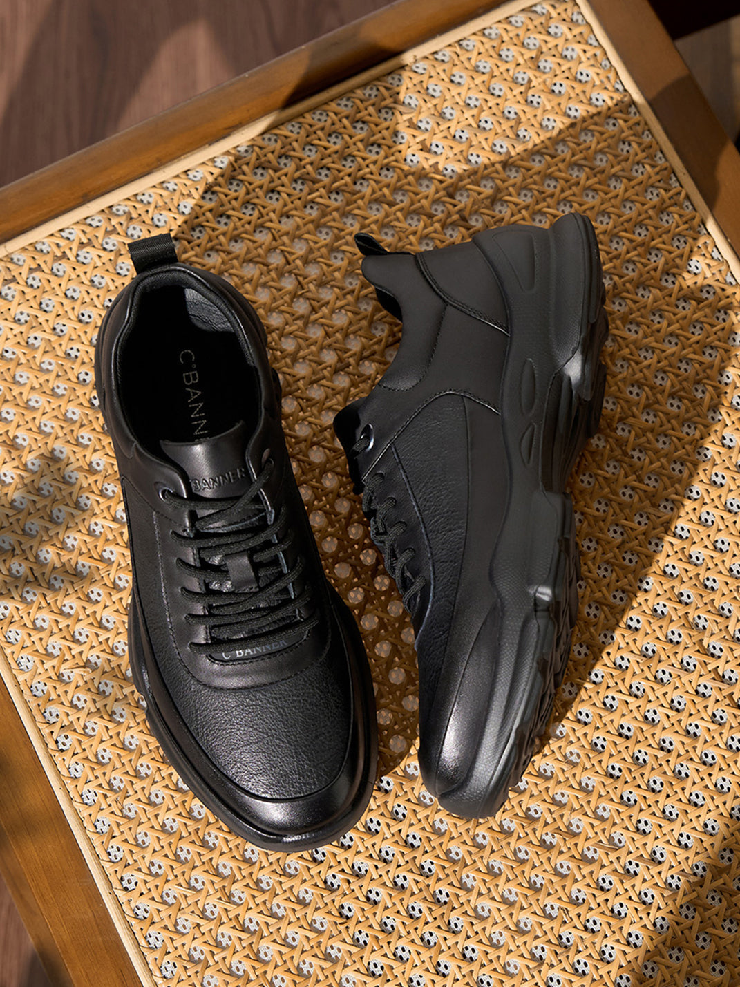 Black Leather Sculpted-Sole Chunky Sneakers - Skipkicks