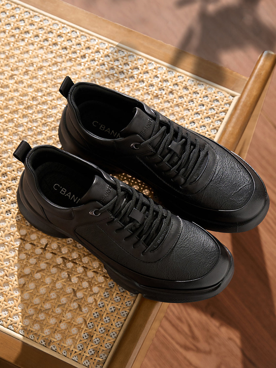 Black Leather Sculpted-Sole Chunky Sneakers - Skipkicks