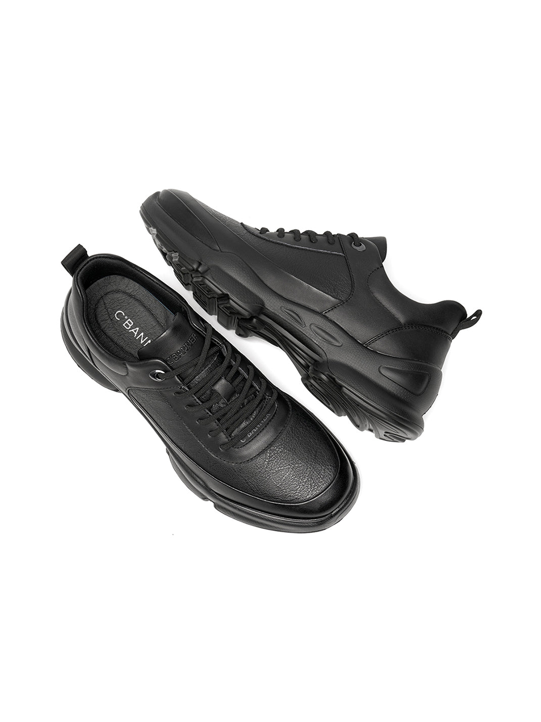 Black Leather Sculpted-Sole Chunky Sneakers - Skipkicks