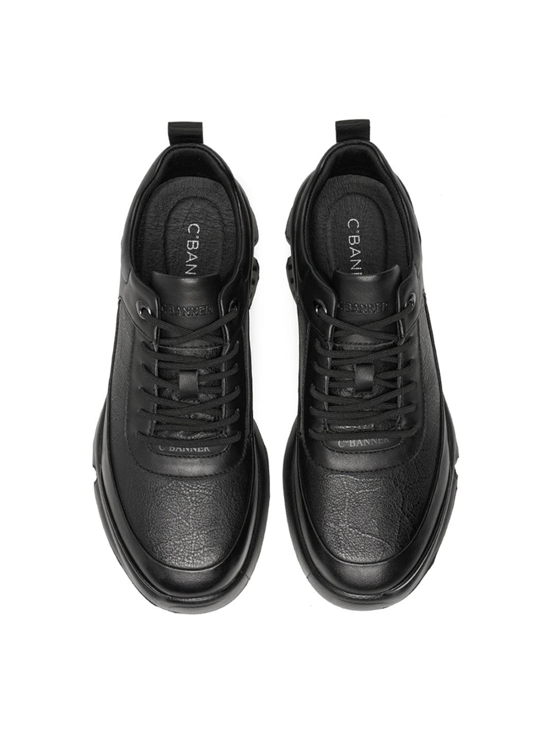 Black Leather Sculpted-Sole Chunky Sneakers - Skipkicks