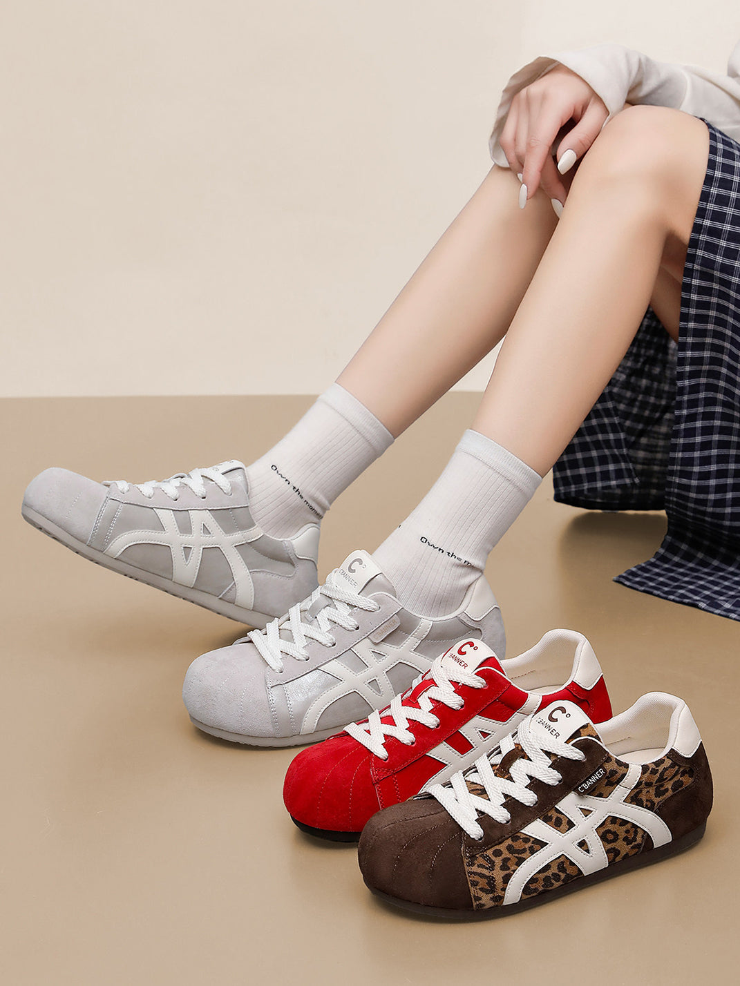 Leopard-Panel Gum-Sole Retro Trainers - Skipkicks