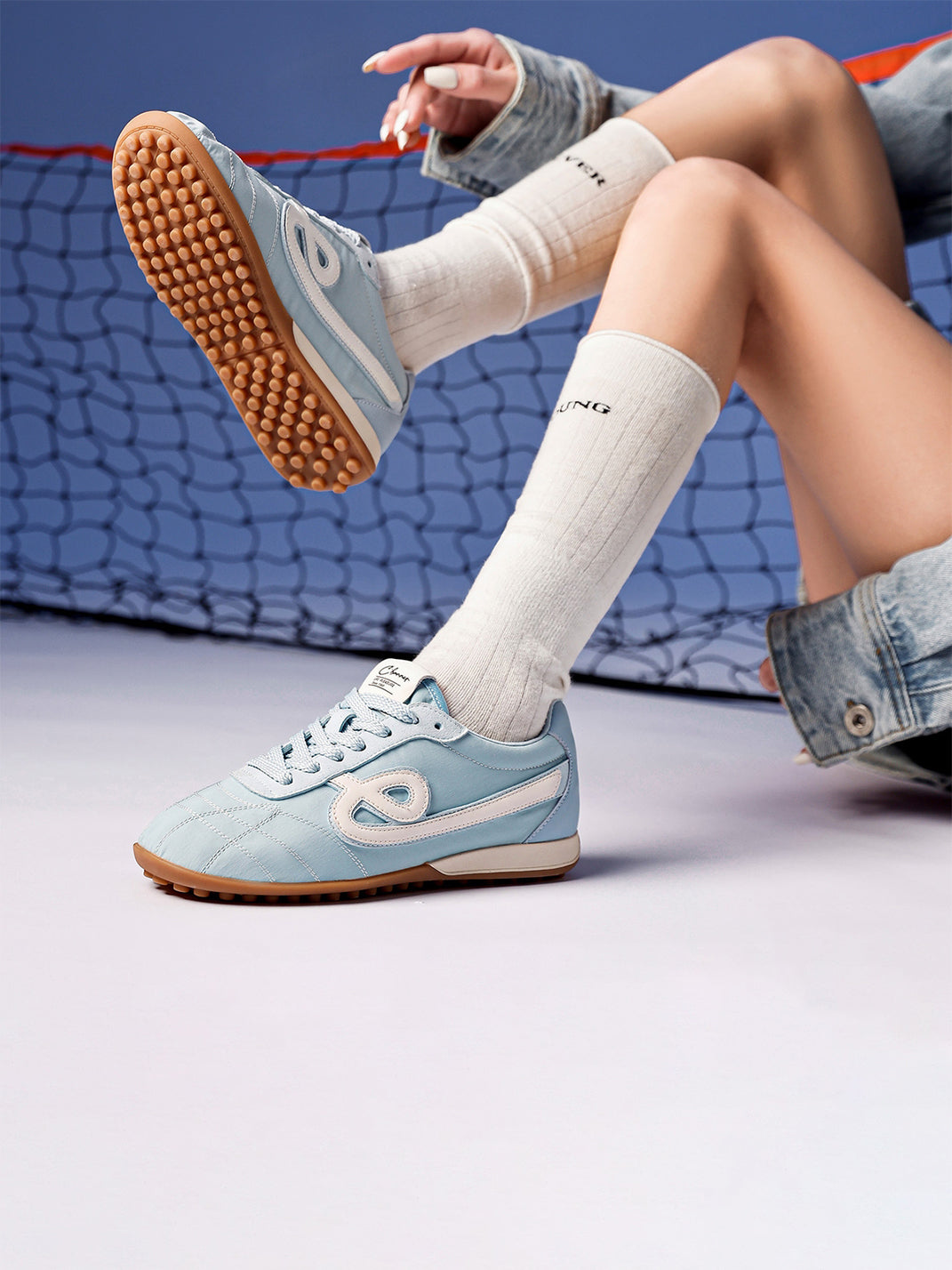 Sky Blue Quilted-Panel Gum-Sole Sneakers - Skipkicks