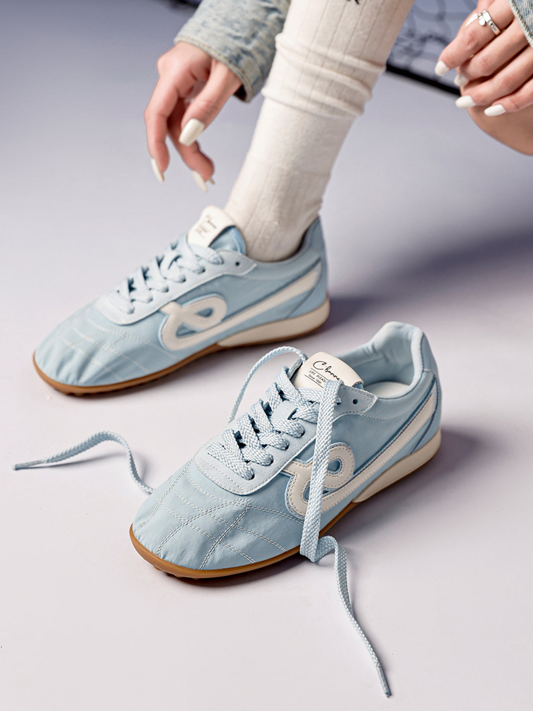 Sky Blue Quilted-Panel Gum-Sole Sneakers - Skipkicks