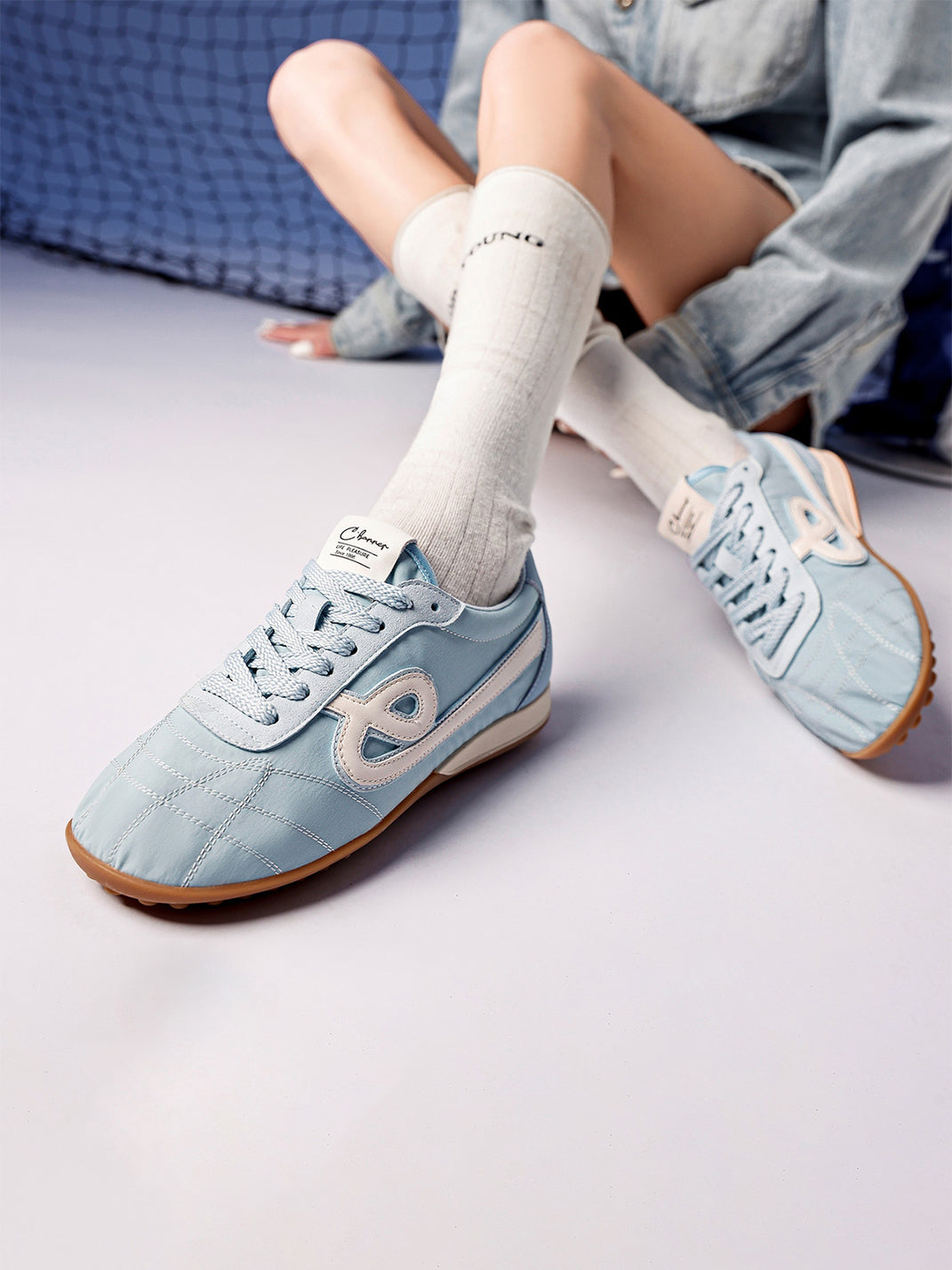 Sky Blue Quilted-Panel Gum-Sole Sneakers - Skipkicks