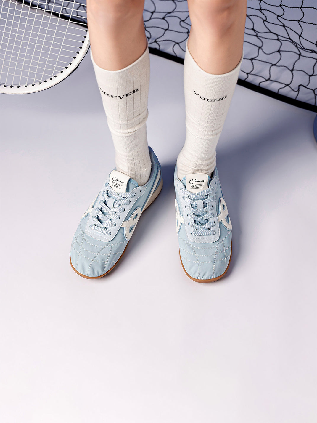 Sky Blue Quilted-Panel Gum-Sole Sneakers - Skipkicks