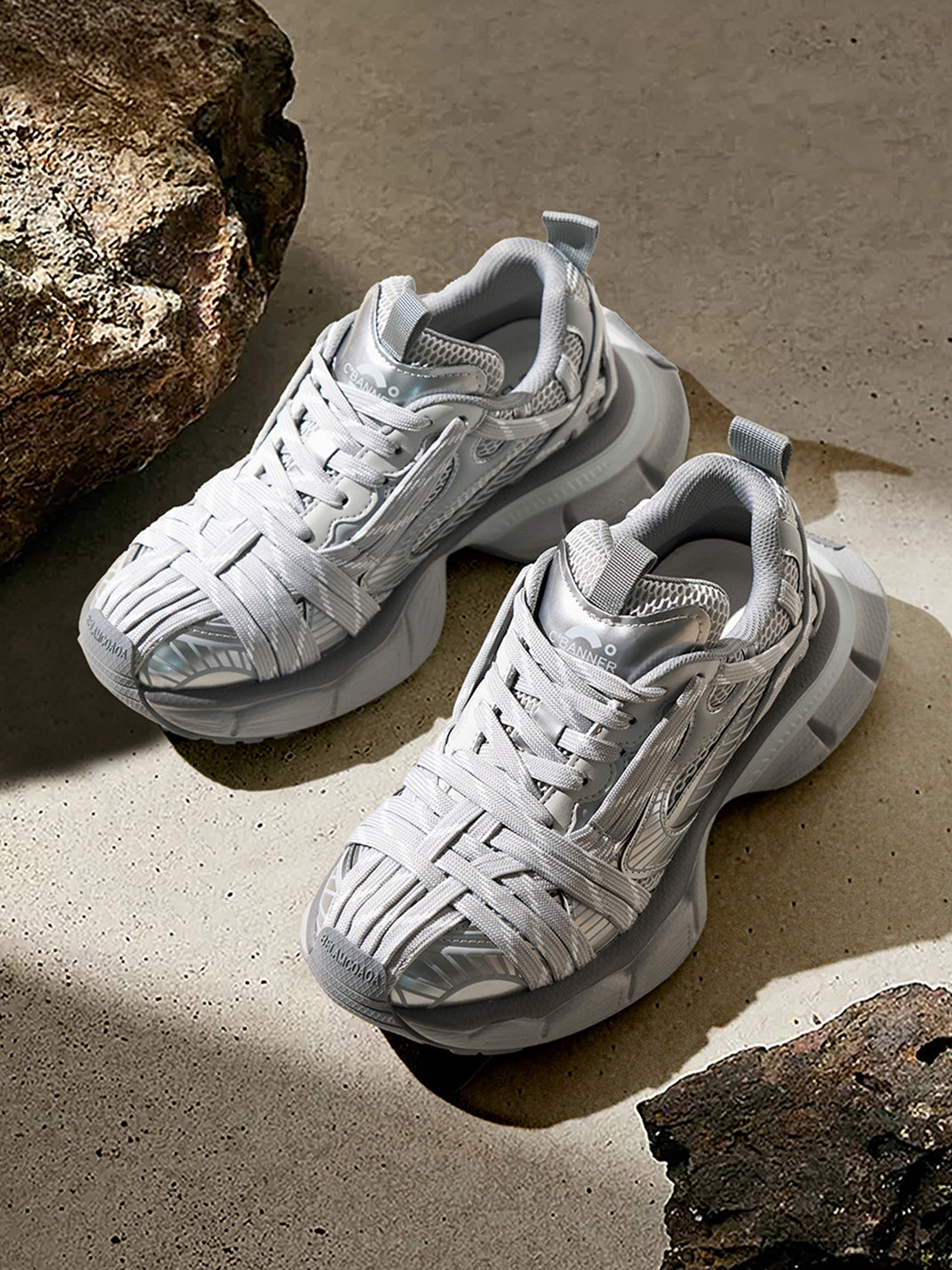 Silver Layered-Mesh Chunky Runner Sneakers - Skipkicks