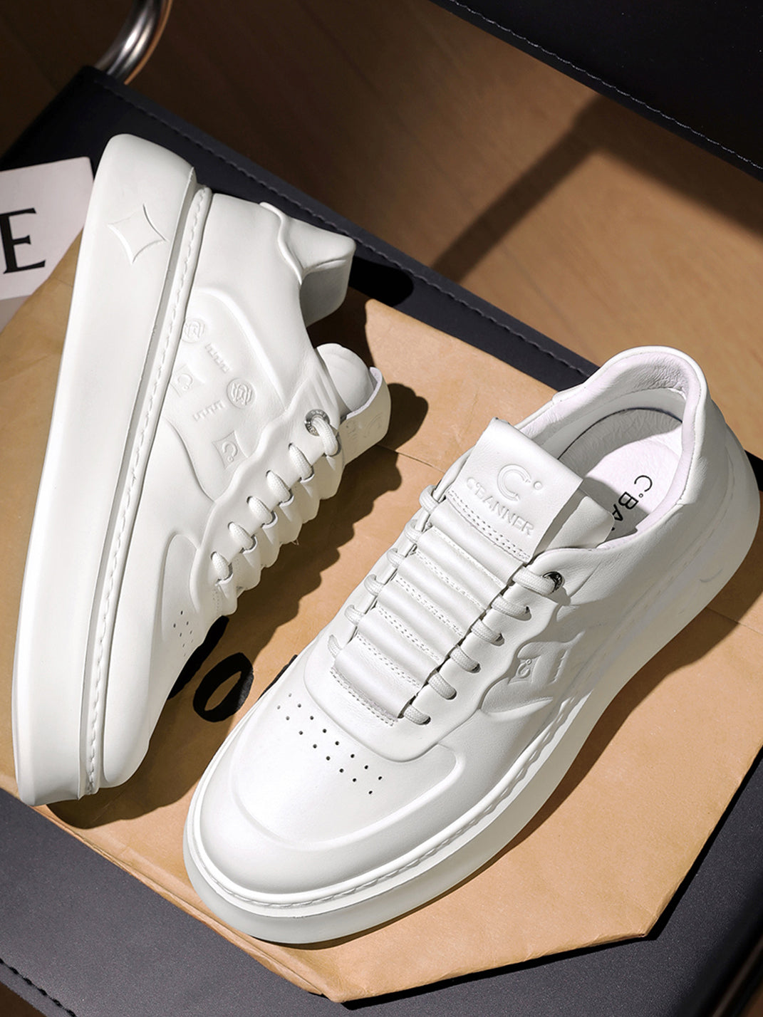 White Monogram-Texture Chunky Platform Sneakers - Skipkicks