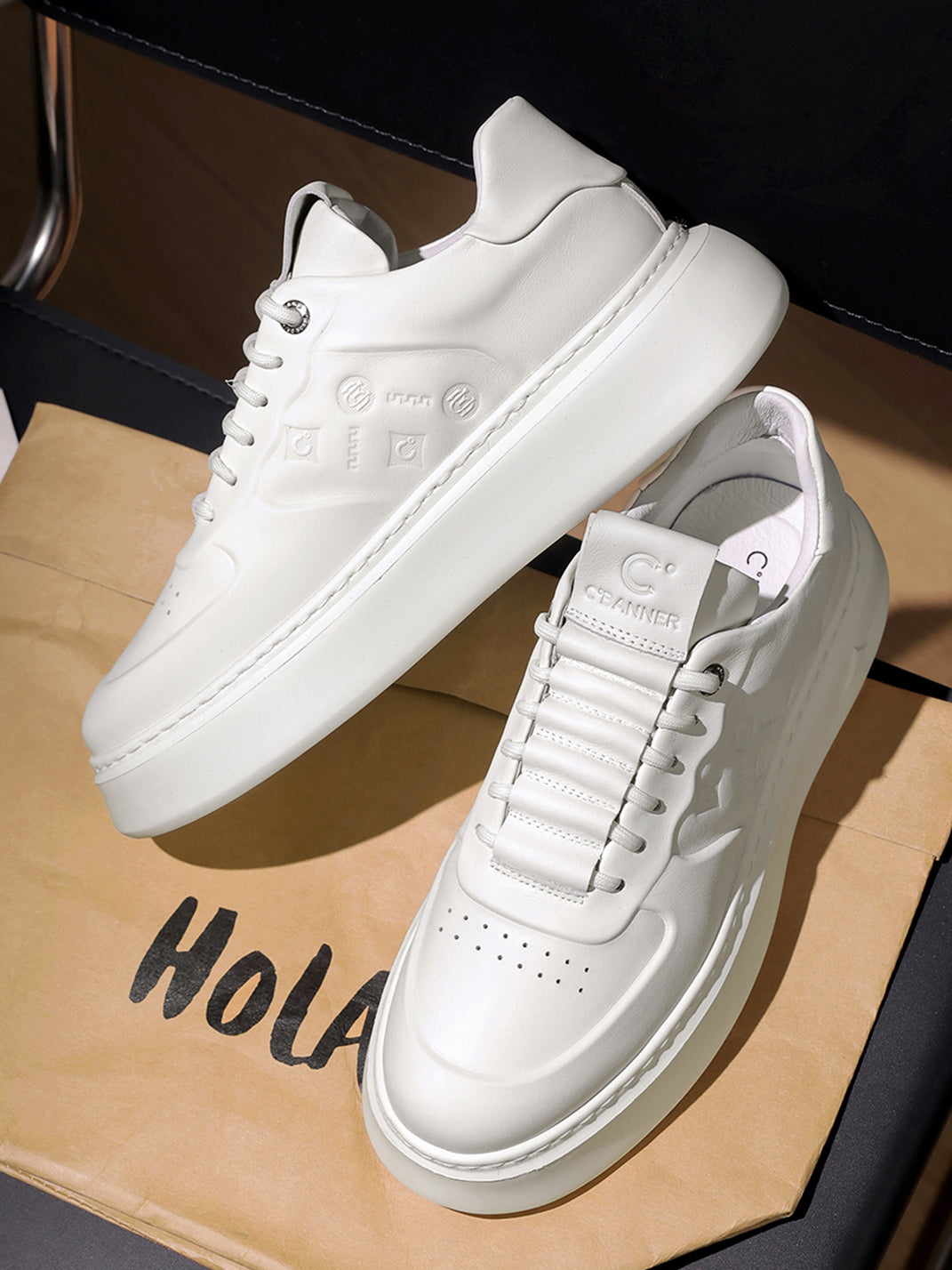 White Monogram-Texture Chunky Platform Sneakers - Skipkicks
