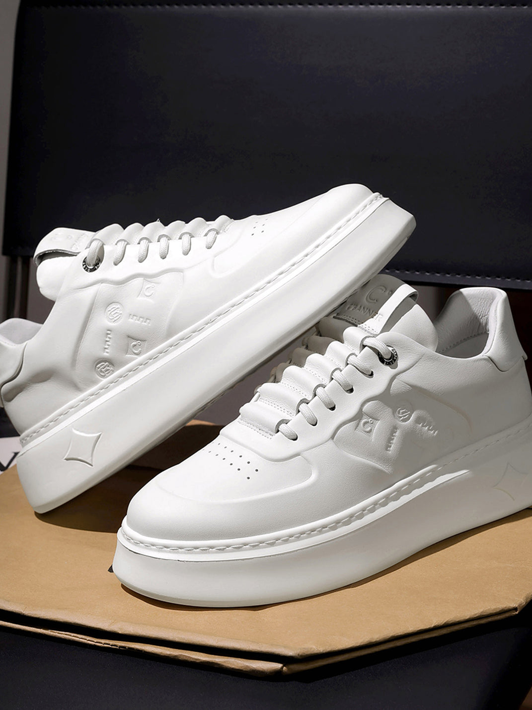 White Monogram-Texture Chunky Platform Sneakers - Skipkicks