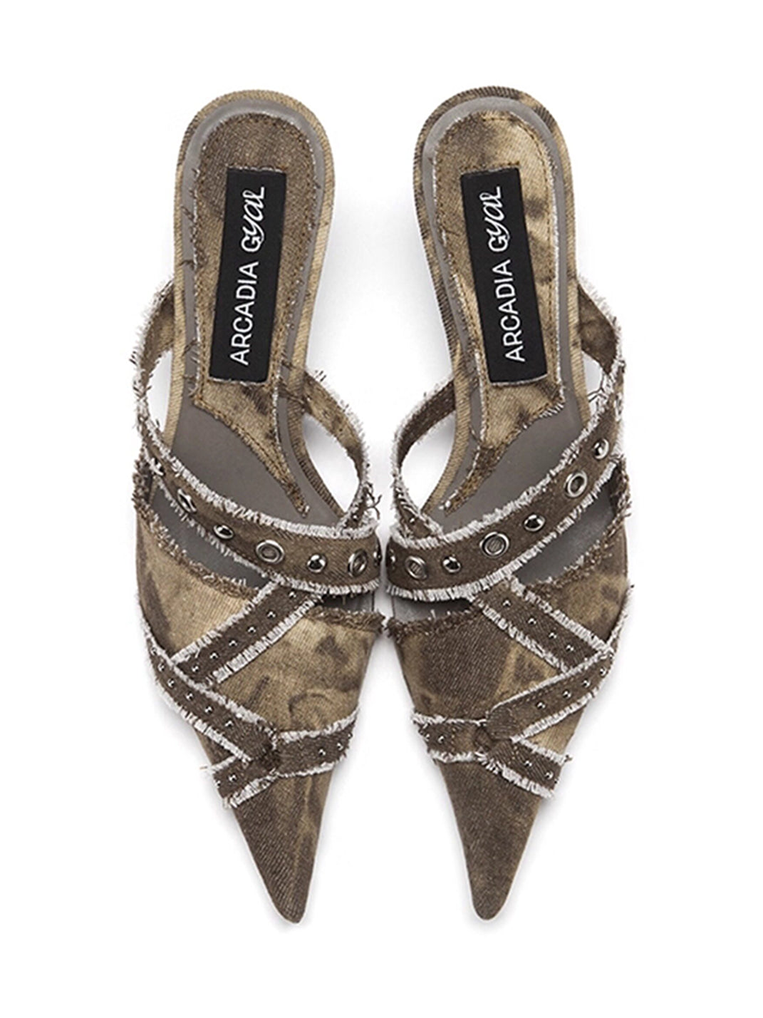 Coffee Crystal-Stud Pointed Mule Heels - Skipkicks
