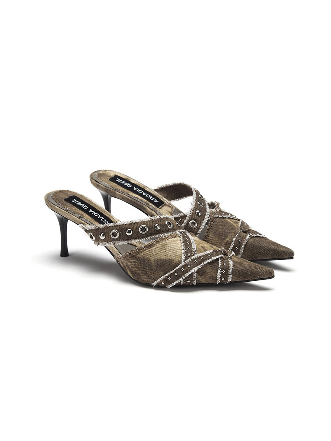 Coffee Crystal-Stud Pointed Mule Heels - Skipkicks