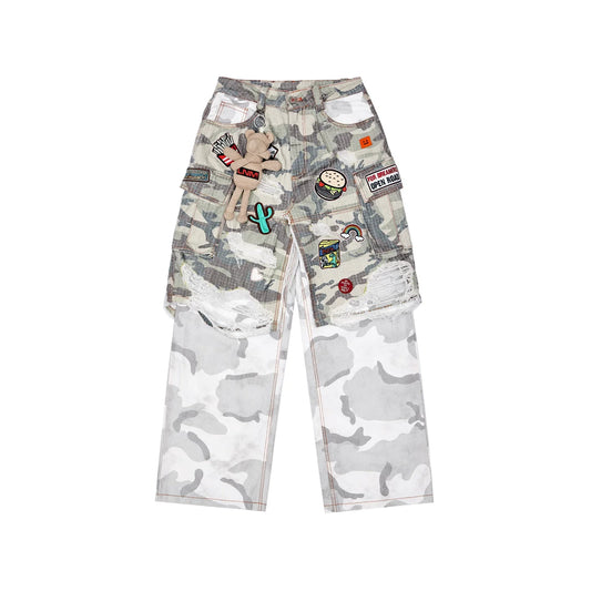 Distressed Patchwork Camo Cargo Pants