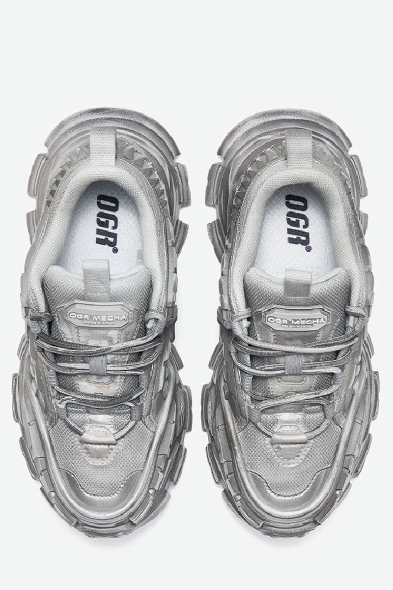 Triple Grey Metallic Platform Running Sneakers - Skipkicks