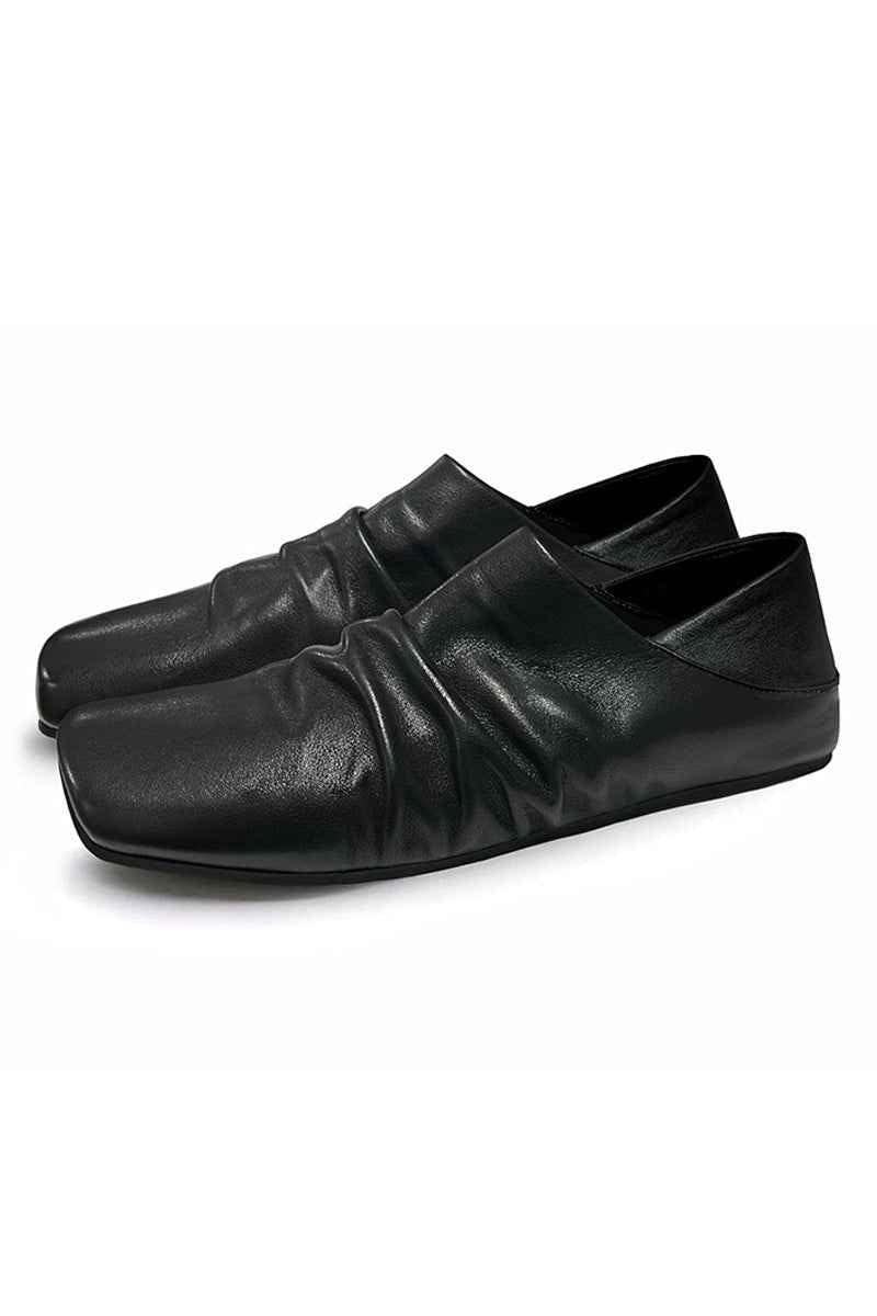 Black Ruched Leather Mules