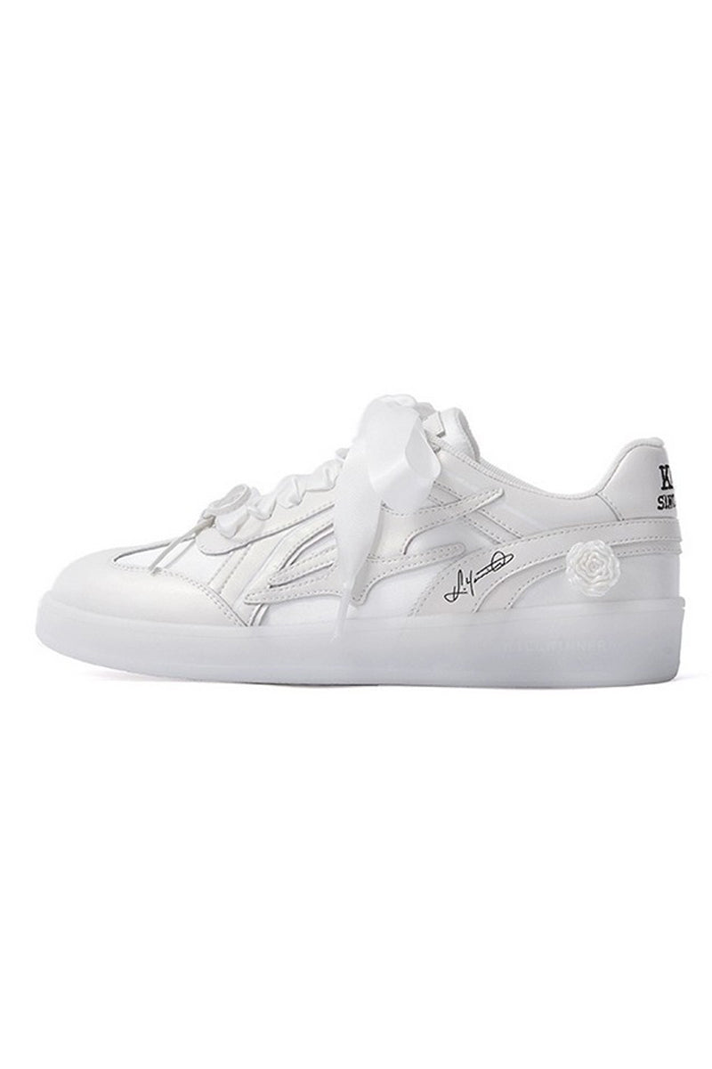 All White Low-Top Sneakers with Satin Laces