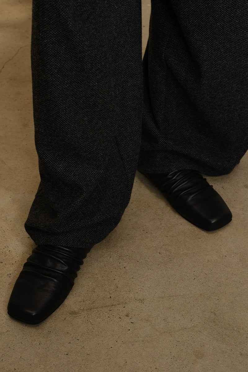 Black Ruched Leather Mules