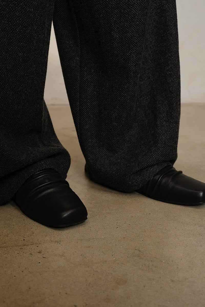 Black Ruched Leather Mules