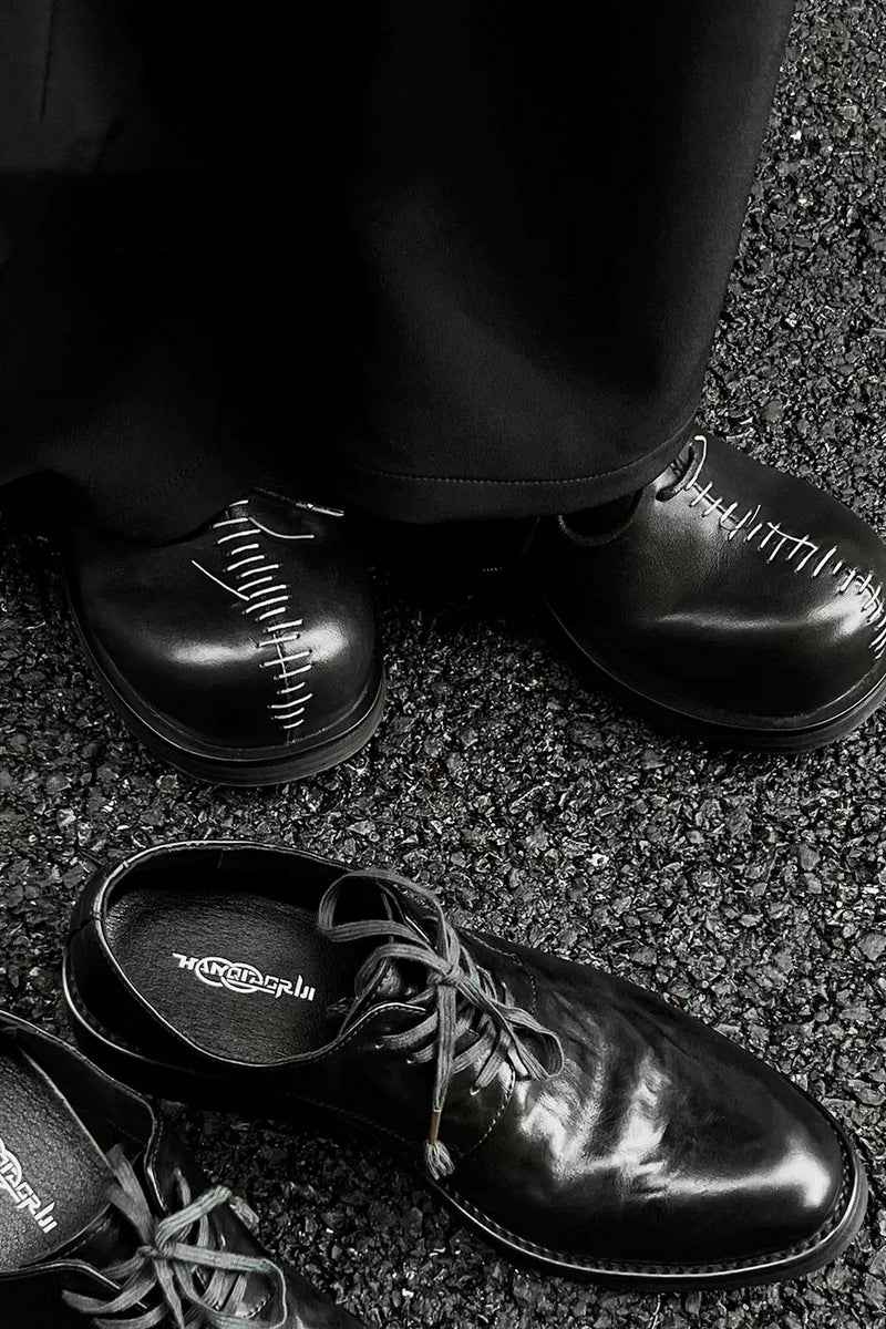 Black Leather Oxford Shoes with Stitch Detail