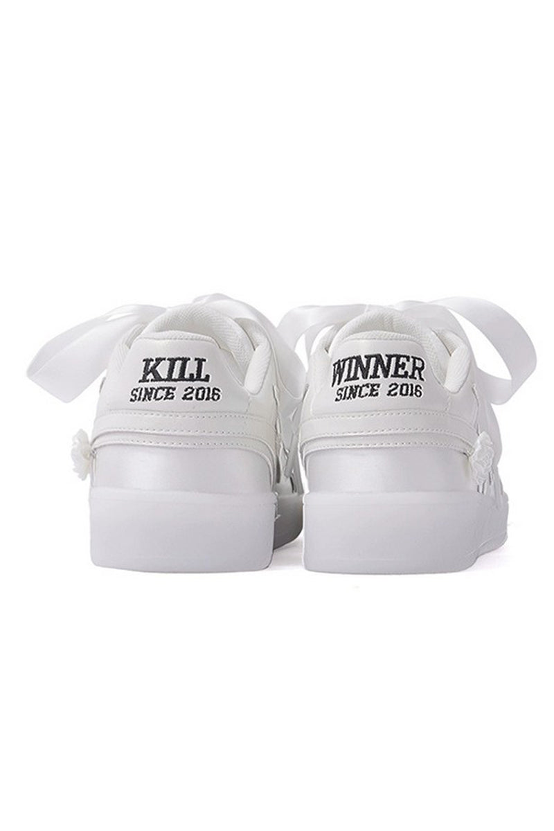 All White Low-Top Sneakers with Satin Laces