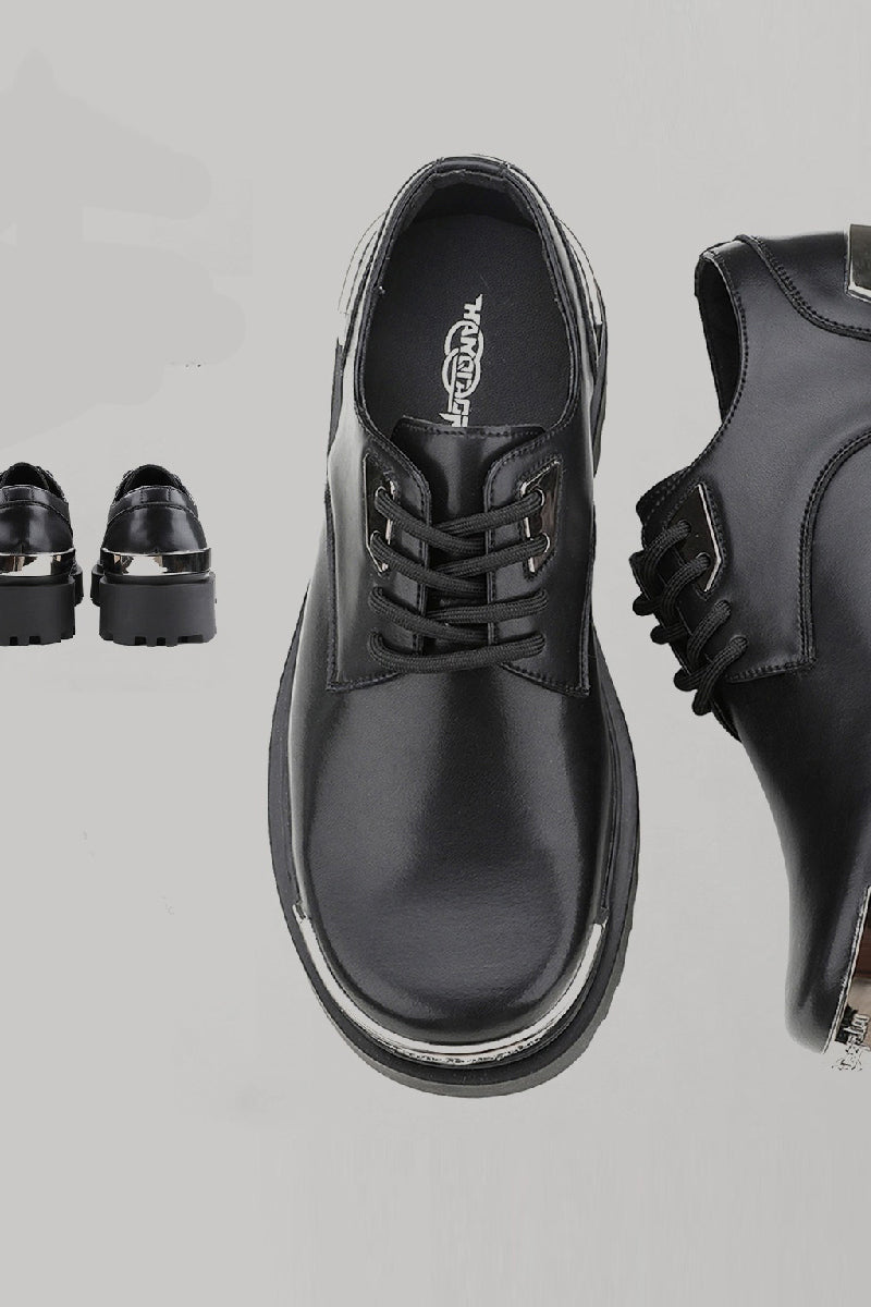 Black Platform Derby Shoes with Silver Metal Toe Cap - Skipkicks