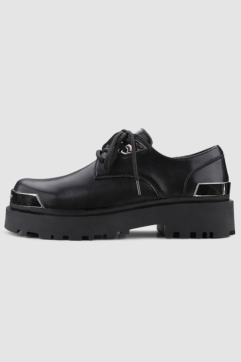 Black Platform Derby Shoes with Silver Metal Toe Cap - Skipkicks