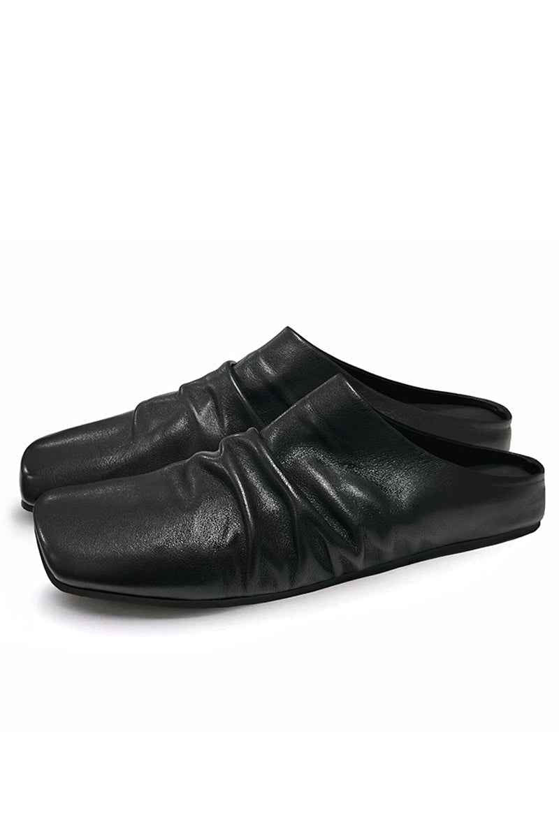 Black Ruched Leather Mules