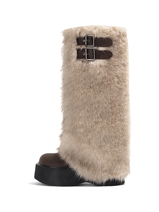 Faux Fur Double-Buckle Platform Tall Boots